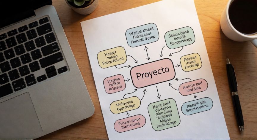 como hacer en word un mapa mental, Mapa mental impreso en papel junto a un portátil con herramientas de oficina