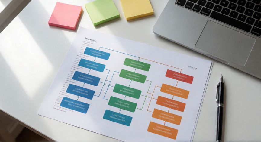 como hacer en word un organigrama, Organigrama impreso en papel sobre un escritorio junto a un portátil, vista cenital