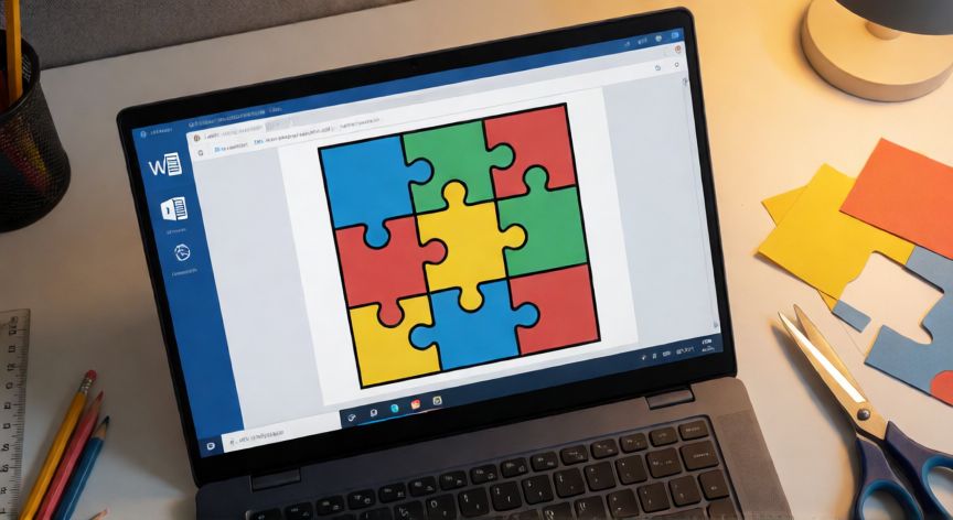 como hacer en word un rompecabezas, Documento de Word con un rompecabezas dividido en cuadrícula y piezas recortadas sobre un escritorio