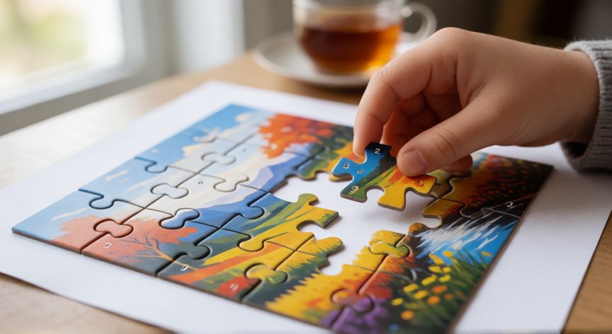 como hacer en word un rompecabezas, Rompecabezas impreso en papel con piezas numeradas y una mano infantil recortando una pieza