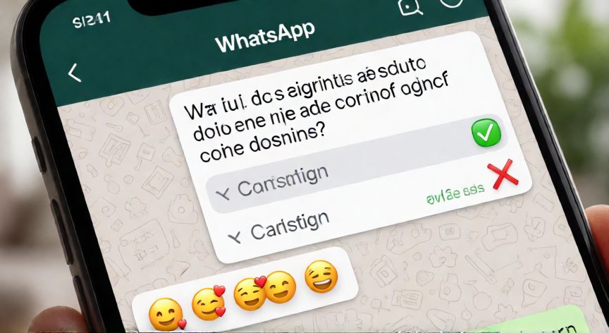 Pantalla de móvil mostrando una encuesta en un grupo de WhatsApp con reacciones de emojis