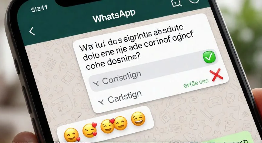 Pantalla de móvil mostrando una encuesta en un grupo de WhatsApp con reacciones de emojis
