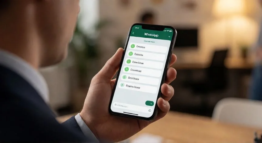 como hacer encuesta en whatsapp, Persona respondiendo una encuesta en WhatsApp escribiendo un número en su teléfono