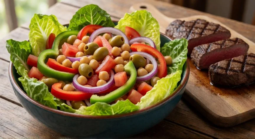 cómo hacer ensalada campera, Ensalada campera clásica con carne asada y vegetales frescos