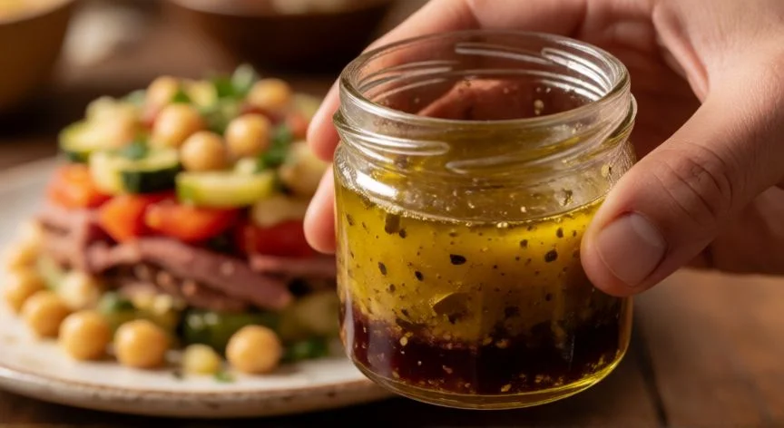 cómo hacer ensalada campera, Detalle de aderezo casero con aceite y vinagre para ensalada