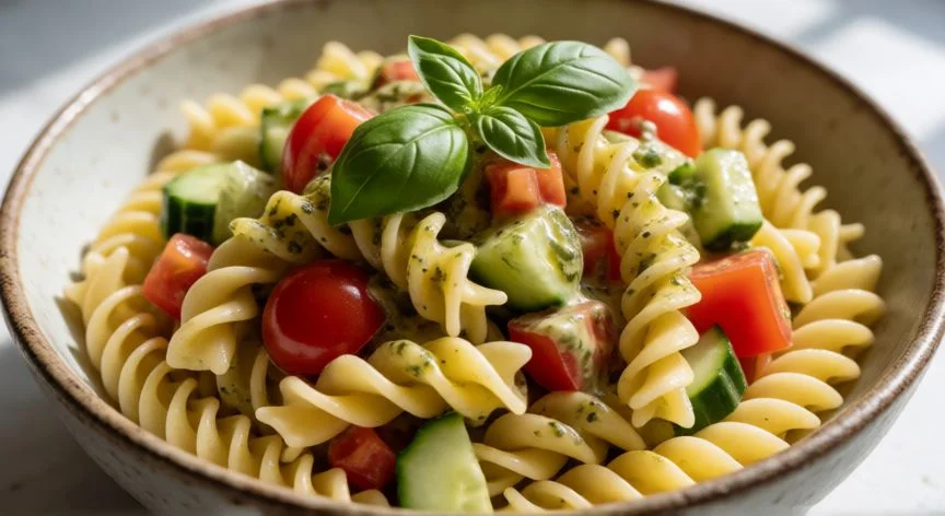 Bowl de ensalada de pasta fría con tomates cherry y vinagreta de aceite de oliva