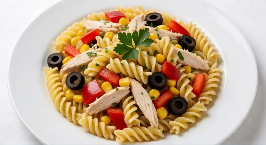cómo hacer ensalada de pasta, Plato de ensalada de espirales con pimiento rojo, maíz y pollo desmenuzado visto desde arriba