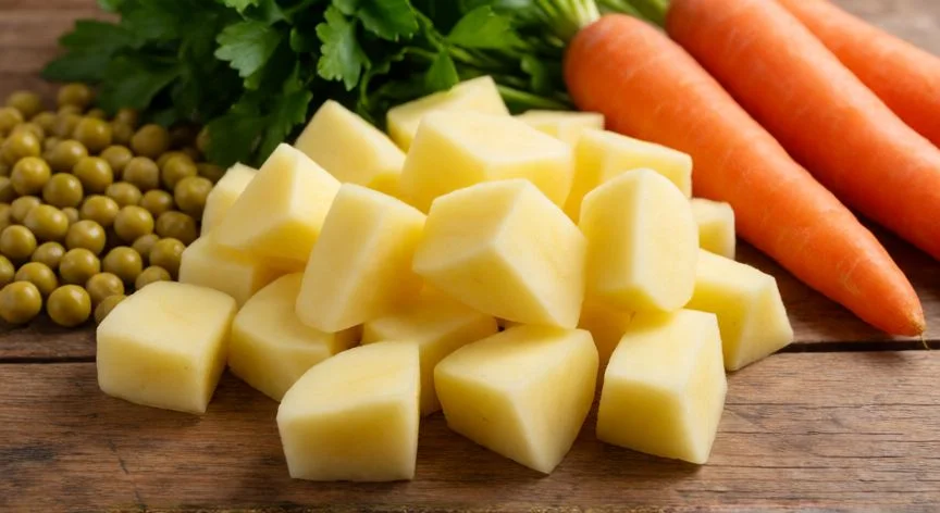 Ingredientes frescos para ensaladilla rusa sobre mesa de madera