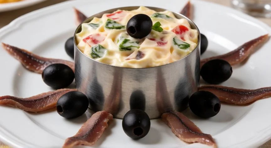como hacer ensaladilla rusa, Ensaladilla rusa presentada con molde y guarnición de aceitunas