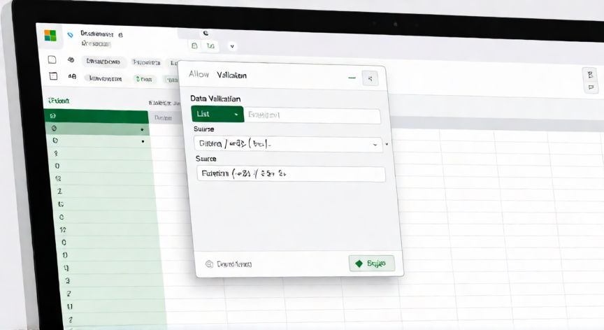 como hacer excel una lista desplegable, Diálogo de Validación de datos de Excel con la opción Lista seleccionada en el campo Origen