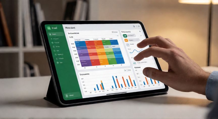 como hacer excel una tabla dinamica, Manos usando una tablet con un panel de tablas dinámicas de Excel con segmentadores y gráficos