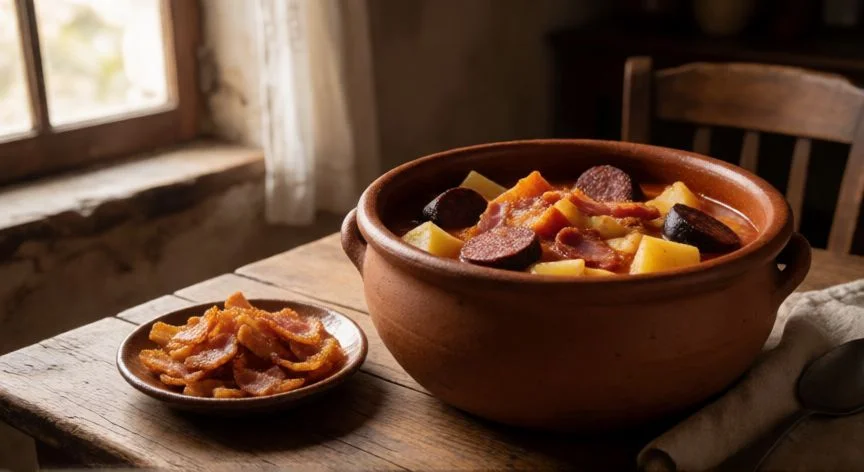 como hacer fabada asturiana, Plato de fabada con embutidos asturianos y tocino frito