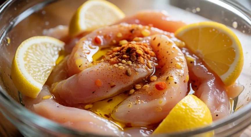 Tiras de pollo marinándose con especias y limón en un bol de cristal