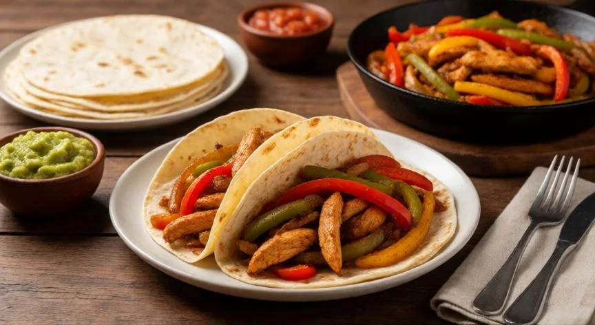 como hacer fajitas de pollo, Plato de fajitas de pollo con pimientos salteados y tortillas calientes servidas en mesa rústica