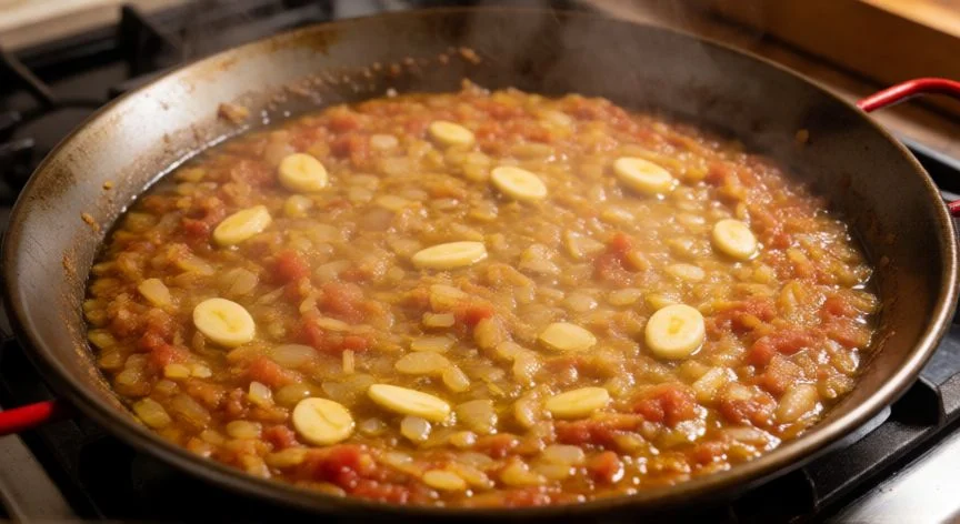 Sofrito de fideuá cociéndose en la paella con cebolla y tomate
