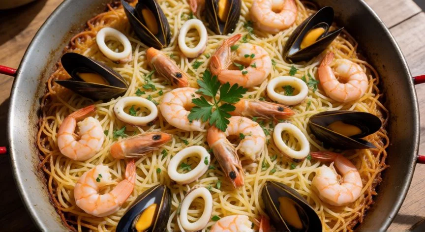 como hacer fideua, Fideuá de mariscos terminada en paella con gambas y calamares