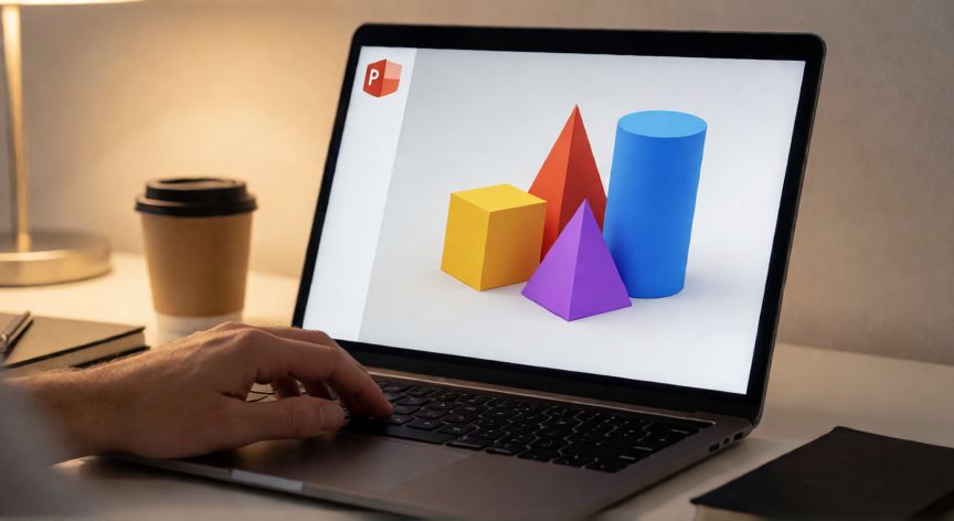 como hacer figuras 3d en powerpoint, Persona editando figuras 3D en PowerPoint sobre una diapositiva con cubo y pirámide tridimensionales