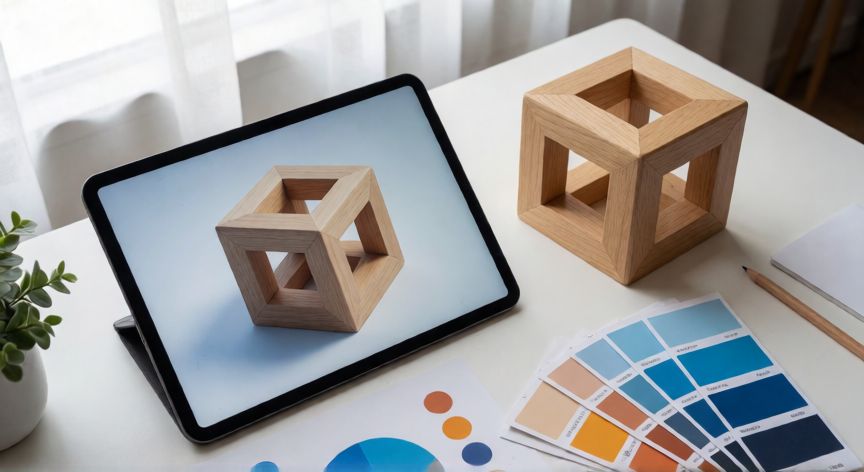 como hacer figuras 3d en powerpoint, Mesa de diseño con tablet mostrando un modelo 3D, cubo isométrico de madera y muestras de color