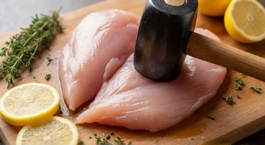 Filetes de pavo siendo aplastados con un mazo de cocina sobre tabla de madera