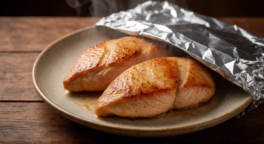 como hacer filetes de pavo jugosos, Filetes de pavo dorados reposando en un plato cubierto con papel aluminio