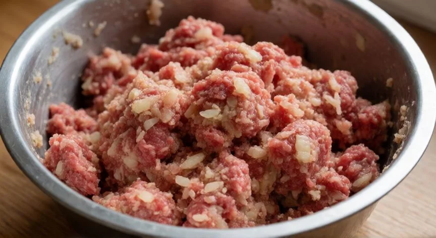 Mezcla de carne cruda con pan remojado para preparar filetes rusos