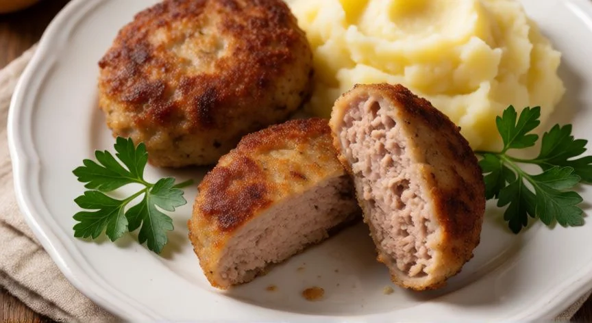 como hacer filetes rusos, Filetes rusos cocinados dorados servidos con puré de patatas