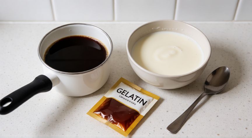 como hacer flan de café sin nata y sin horno, Ingredientes para flan de café sobre encimera de cocina