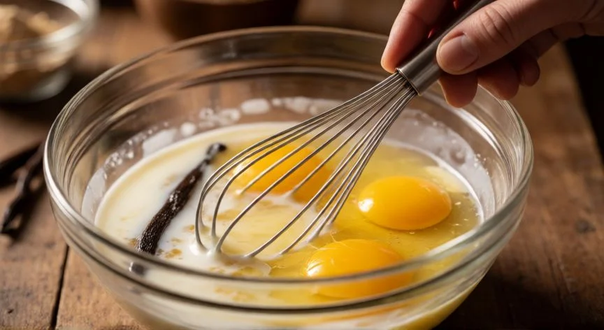 Mezcla de huevos y leche para preparar flan casero