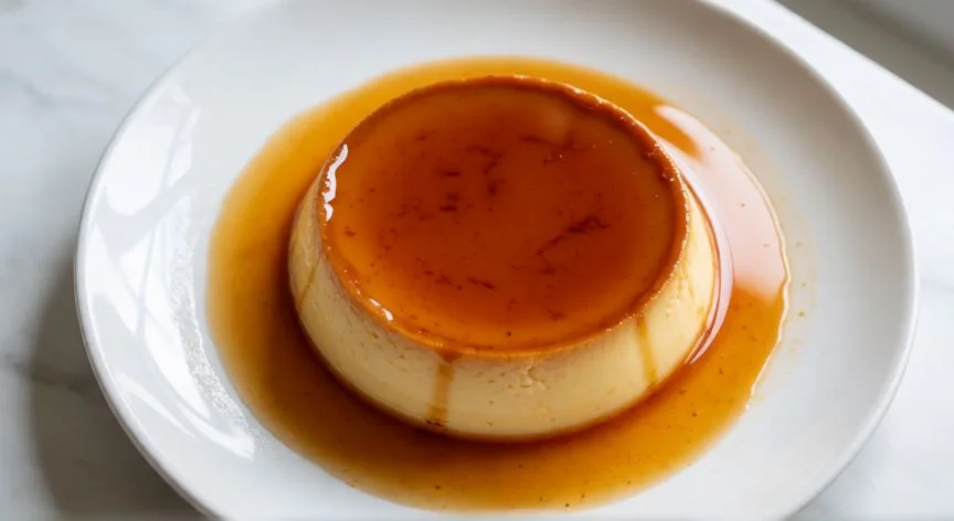 como hacer flan de huevo, Flan de huevo desmoldado con caramelo sobre un plato
