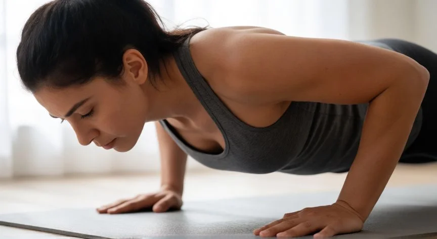 como hacer flexiones correctamente, Fase excéntrica de la flexión bajando el pecho al suelo con codos a 45 grados