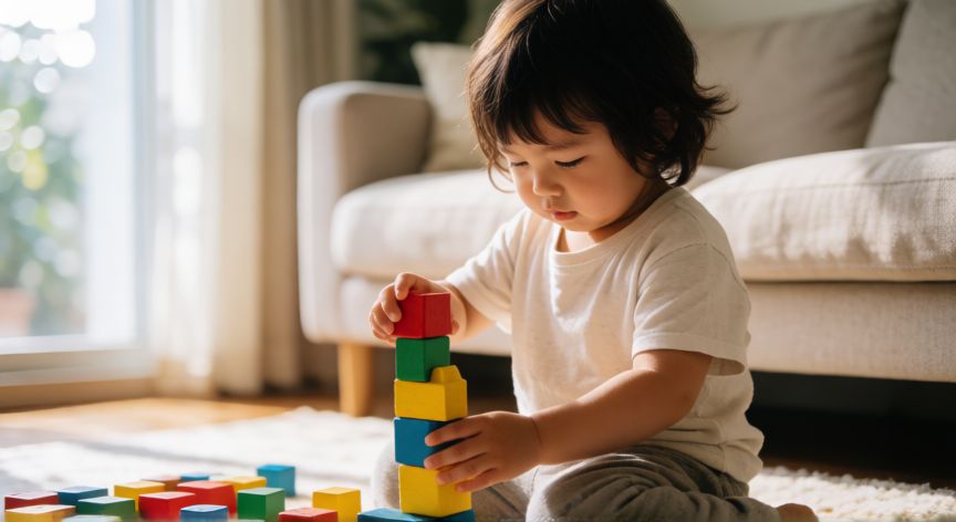 como hacer florecer lo mejor de cada niño, Niño concentrado apilando bloques de madera en un salón luminoso