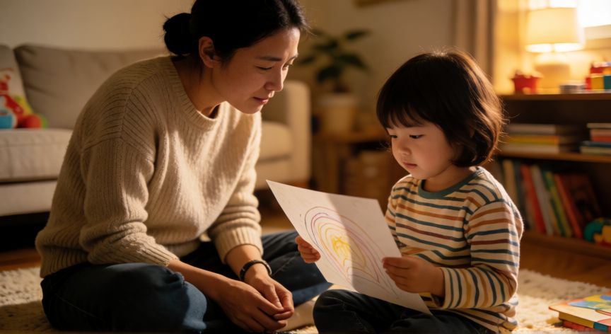 como hacer florecer lo mejor de cada niño, Padre escuchando atentamente a su hijo mientras sostiene un dibujo