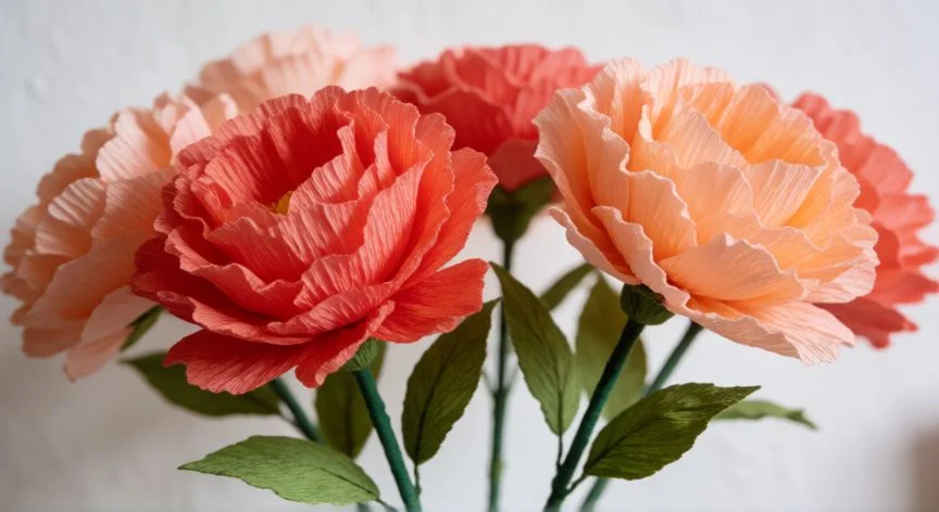 como hacer flores de papel, Ramo de flores de papel: rosas crepé, tulipanes de origami y dalia en tonos pastel