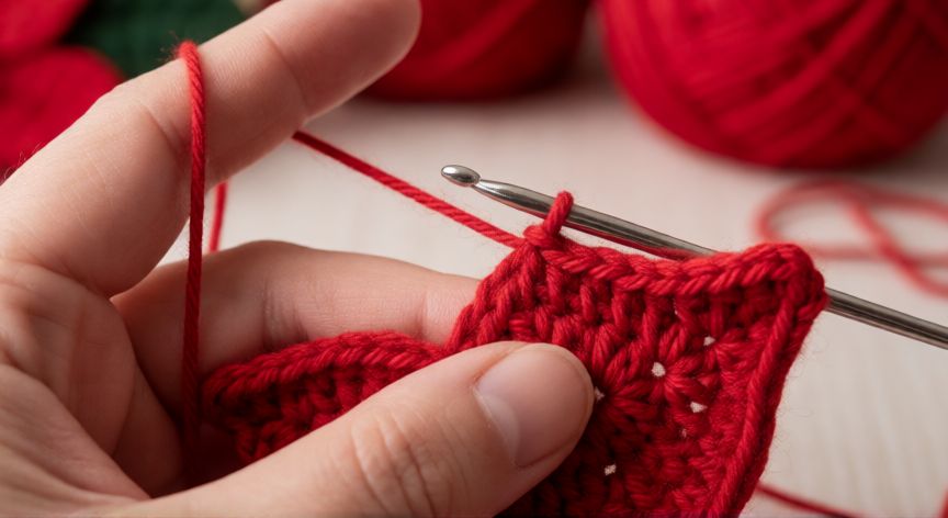 Proceso de tejido en crochet de pétalo rojo para flor de nochebuena