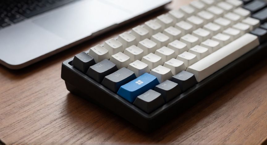 como hacer funcionar super de nuevo, Teclado mecánico con la tecla Windows iluminada en un escritorio de madera