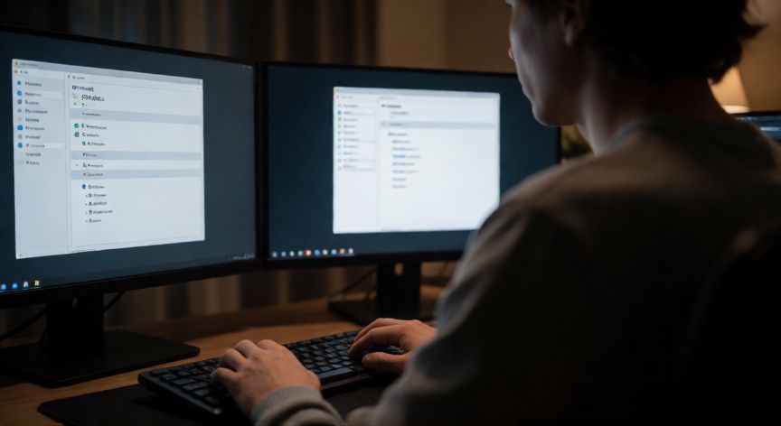 como hacer funcionar super de nuevo, Persona revisando la configuración del sistema en un monitor mientras usa el teclado