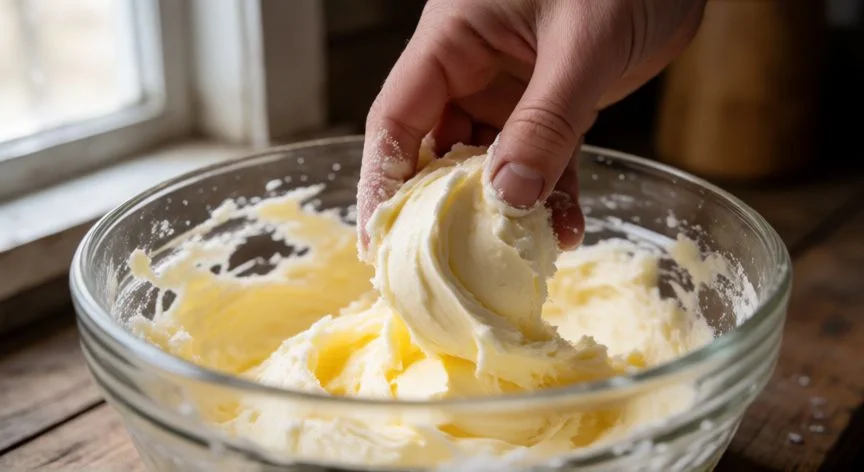 Proceso de batir mantequilla y azúcar para la masa de galletas