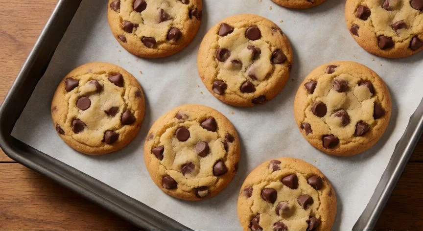 como hacer galletas, Galletas recién horneadas con chispas de chocolate sobre bandeja