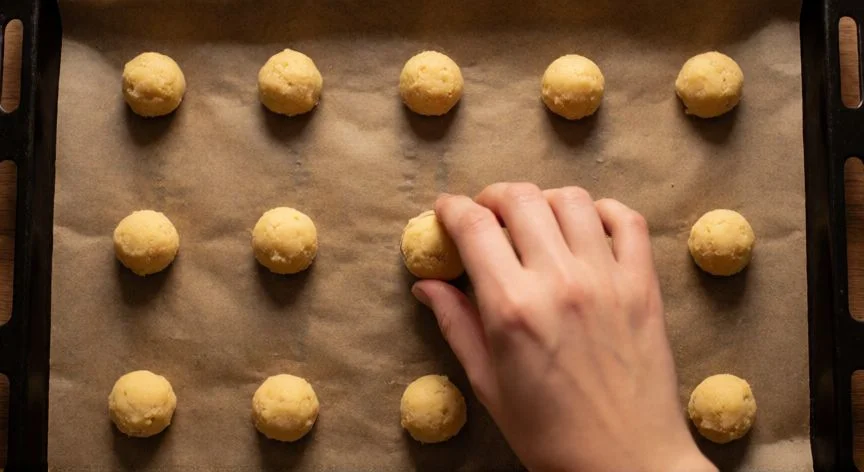 como hacer galletas caseras, Formando bolas de masa de galletas sobre la bandeja de horno