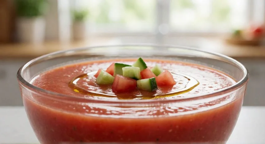 como hacer gazpacho, Bowl de gazpacho frío y cremoso decorado con dados de pepino y tomate