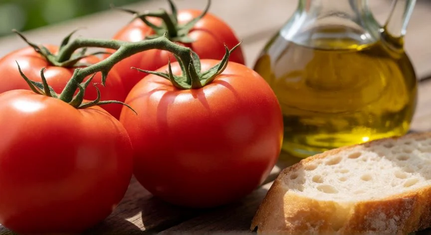 Ingredientes frescos para preparar gazpacho de tomate tradicional