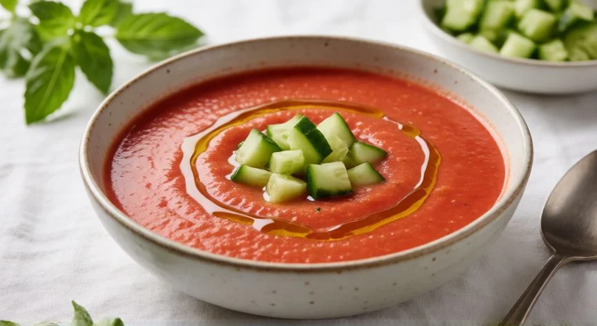 como hacer gazpacho de tomate, Bowl de gazpacho frío y cremoso listo para servir