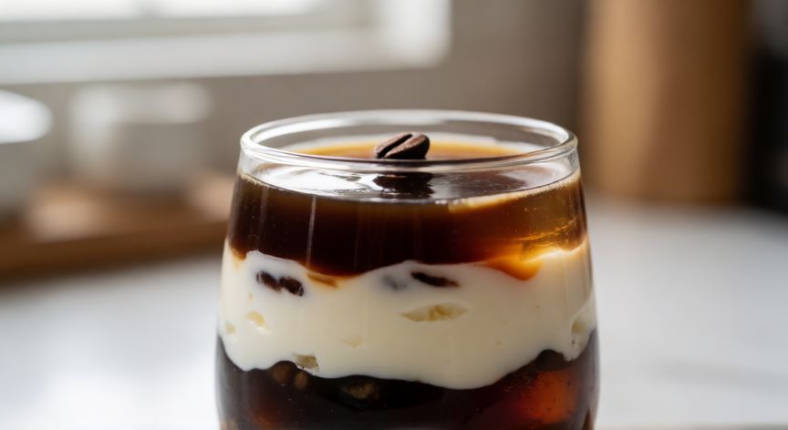 como hacer gelatina de cafe con queso crema, Vaso de gelatina de café con capas de queso crema decorado con grano de café