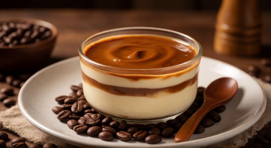 como hacer gelatina de cafe con queso crema, Bol de cristal con postre de gelatina de café y queso crema sobre mesa rústica