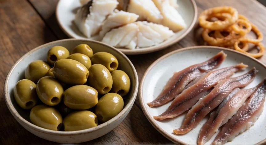como hacer gildas, Ingredientes frescos para hacer gildas: aceitunas gordal, bacalao desmigado y anchoas sobre mesa de madera