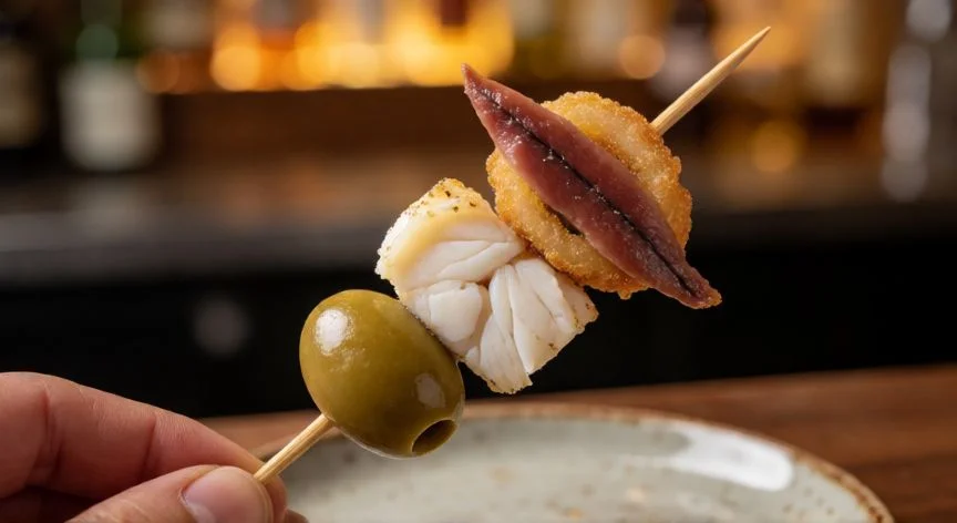como hacer gildas, Pincho de gilda terminado con aceituna, bacalao y anchoa listo para comer