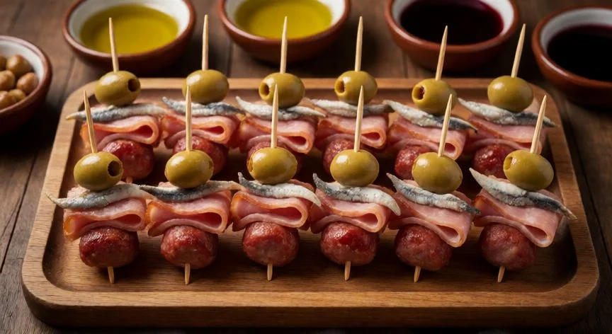 como hacer gildas caseras, Bandeja de gildas caseras servidas en mesa de madera