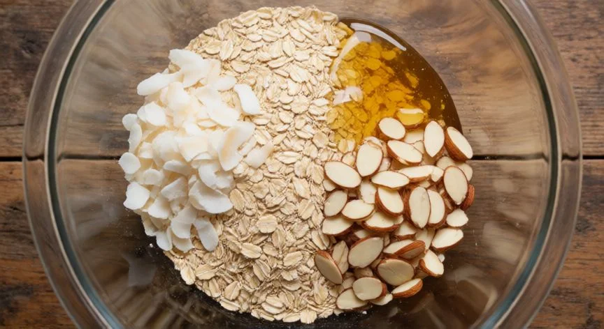 Ingredientes de avena y miel para preparar granola casera en un bol
