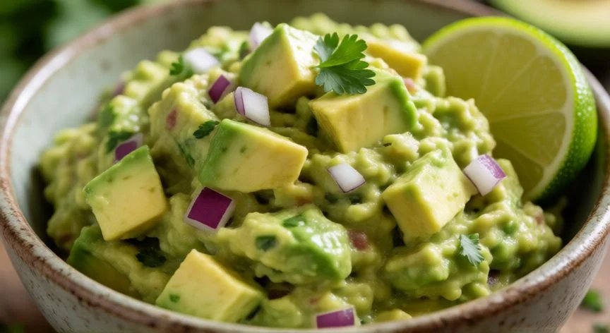 Bol de cerámica con guacamole fresco y troceado