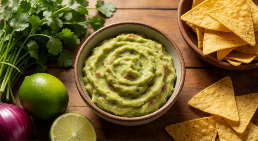 como hacer guacamole, Ingredientes para hacer guacamole sobre mesa de madera